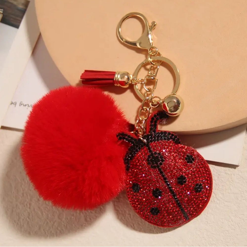 Red Rhinestone Ladybug 🐞 Tassel Key Chain Pom Pom Ball